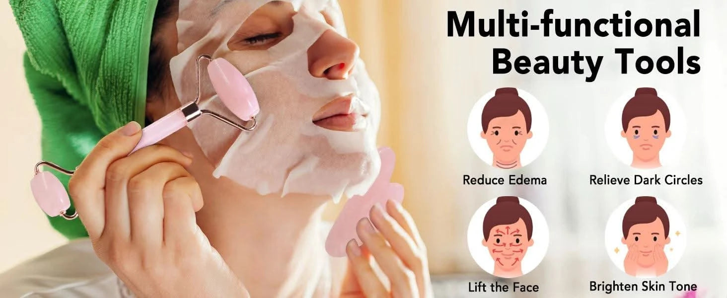 Natural Pink Rose Roller Gua Sha Set for Face Lifting Clean Vanilla Store