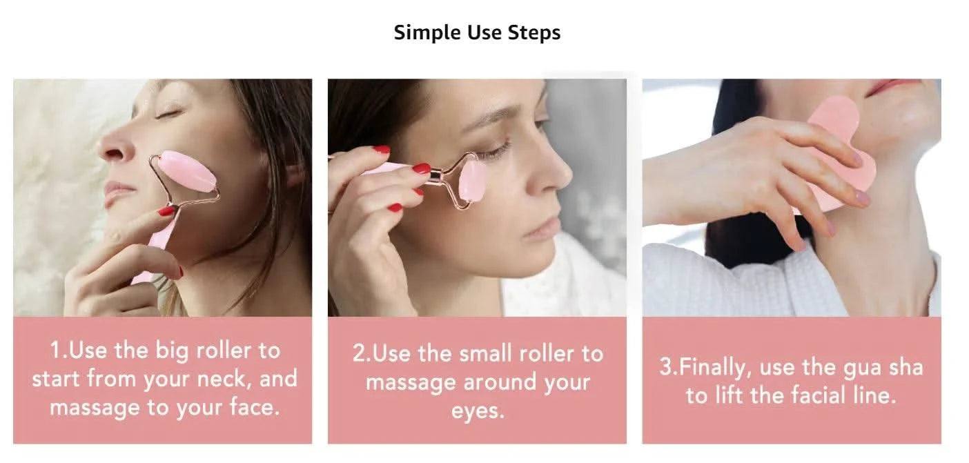 Natural Pink Rose Roller Gua Sha Set for Face Lifting Clean Vanilla Store