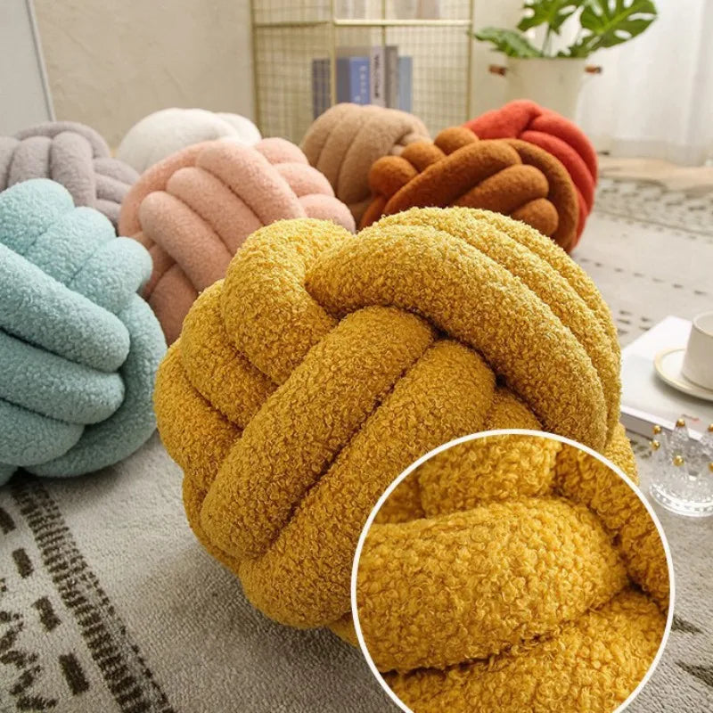 Hand-Knotted Ball Throw Pillow Cushion in Soft Lamb Fleece Clean Vanilla Store