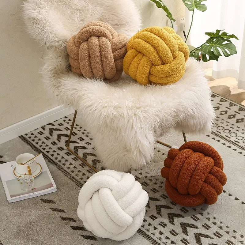 Hand-Knotted Ball Throw Pillow Cushion in Soft Lamb Fleece Clean Vanilla Store