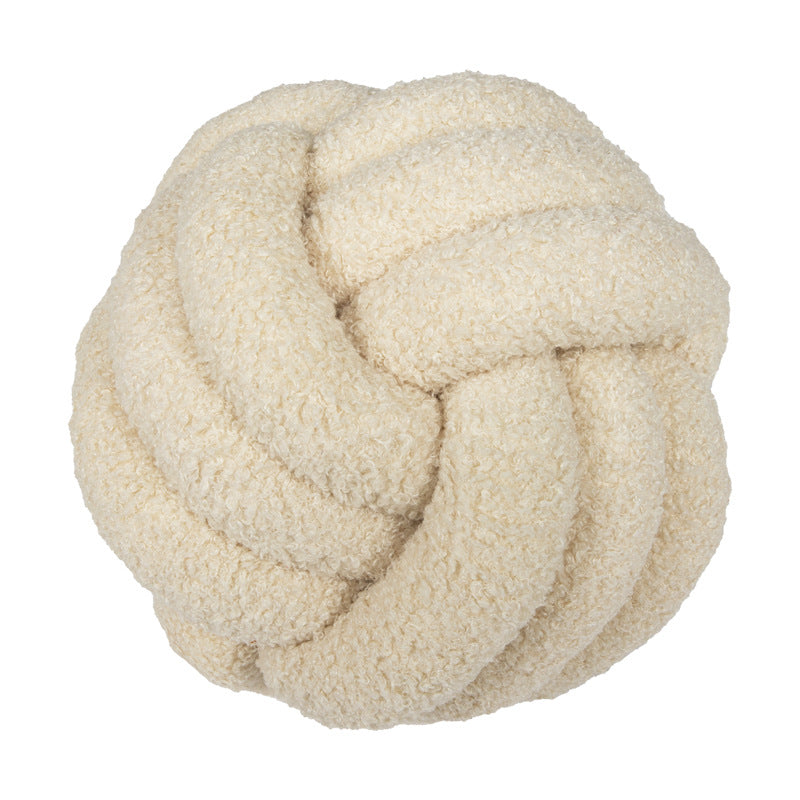 Hand-Knotted Ball Throw Pillow Cushion in Soft Lamb Fleece Clean Vanilla Store