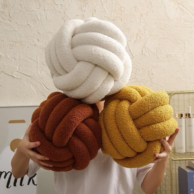 Hand-Knotted Ball Throw Pillow Cushion in Soft Lamb Fleece Clean Vanilla Store
