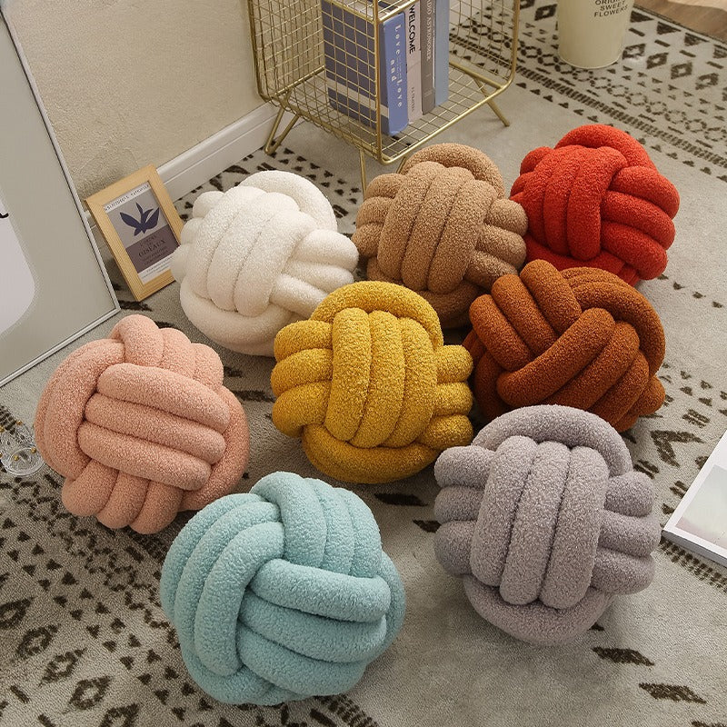 Hand-Knotted Ball Throw Pillow Cushion in Soft Lamb Fleece Clean Vanilla Store