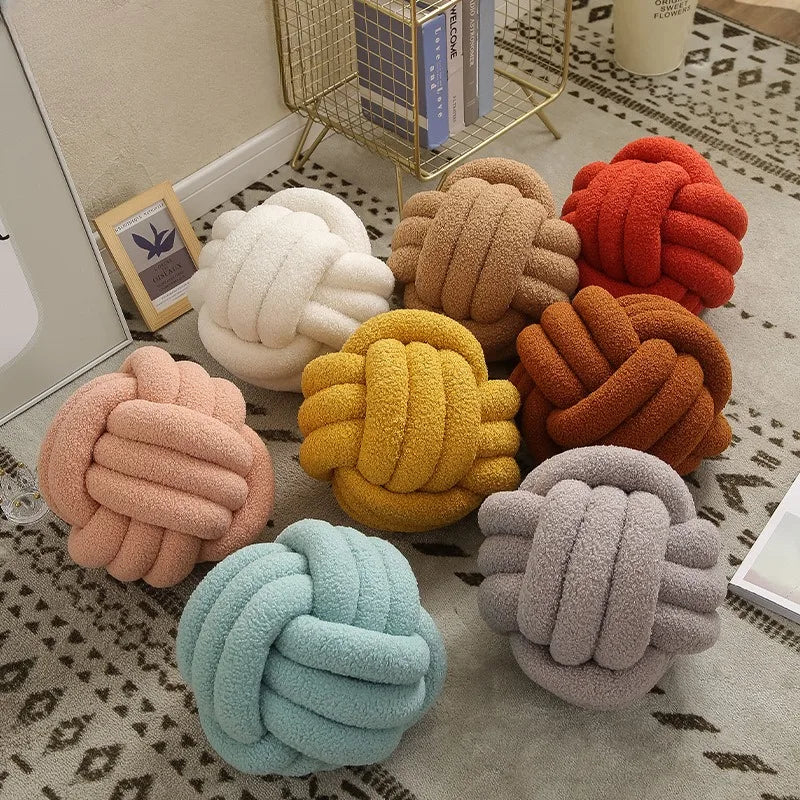 Hand-Knotted Ball Throw Pillow Cushion in Soft Lamb Fleece Clean Vanilla Store