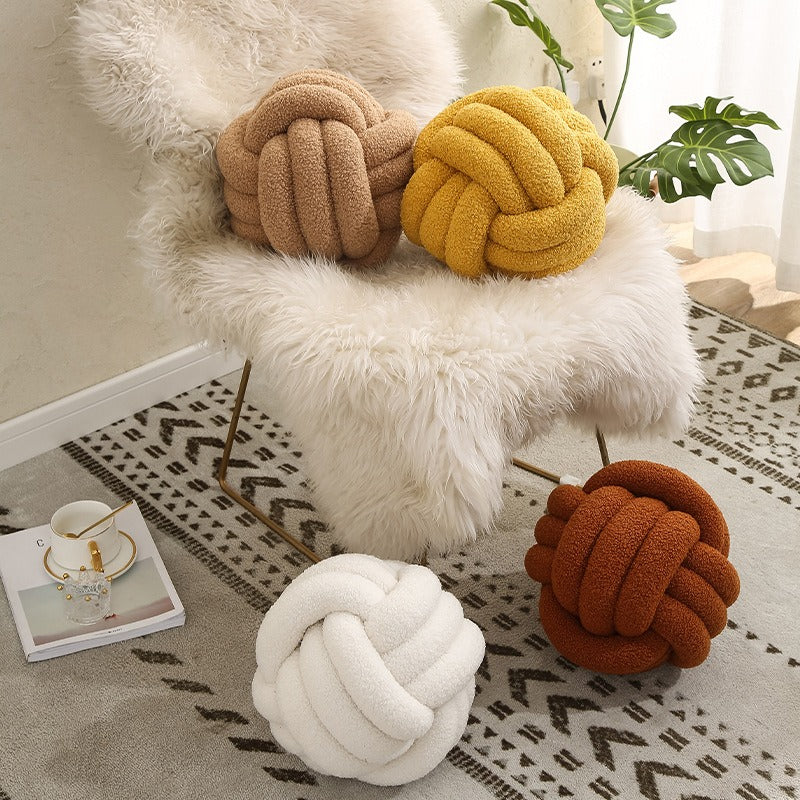 Hand-Knotted Ball Throw Pillow Cushion in Soft Lamb Fleece Clean Vanilla Store