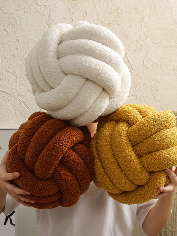 Hand-Knotted Ball Throw Pillow Cushion in Soft Lamb Fleece Clean Vanilla Store