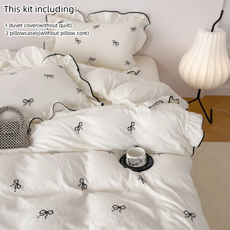 Chic Embroidery Ruffles Bedding Set with Pillows 3pcs Clean Vanilla Store