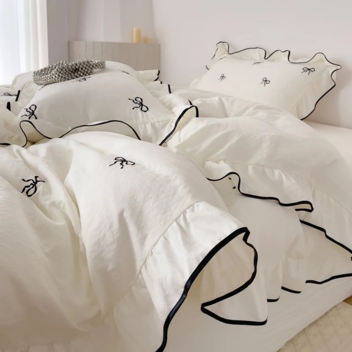 Chic Embroidery Ruffles Bedding Set with Pillows 3pcs Clean Vanilla Store