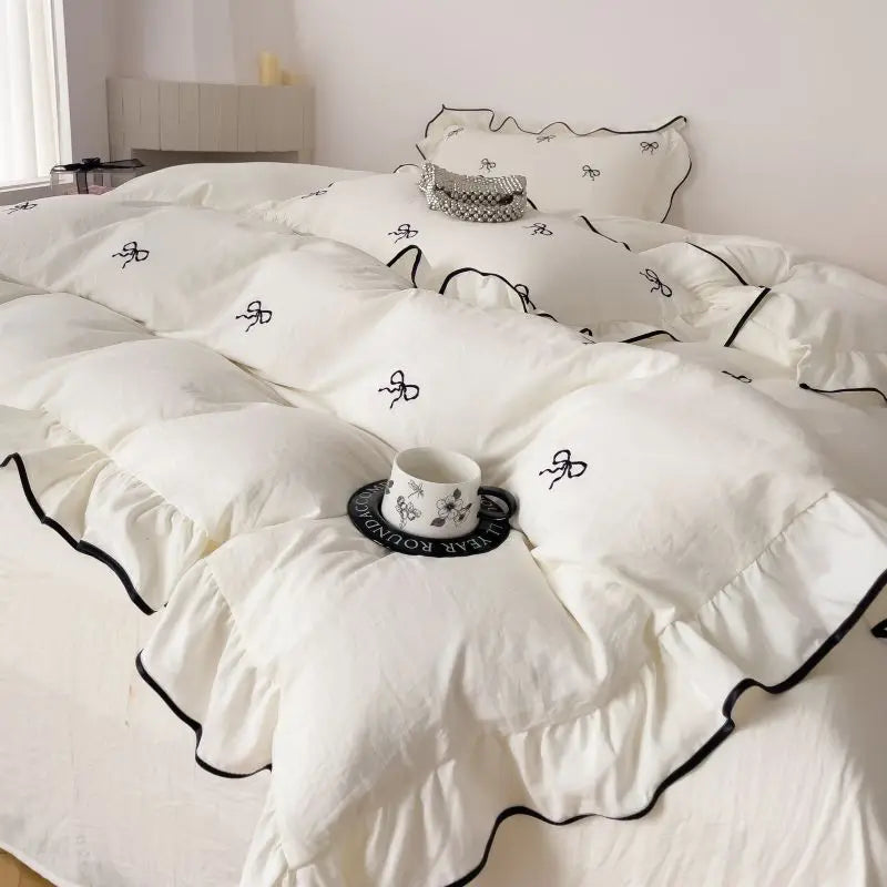 Chic Embroidery Ruffles Bedding Set with Pillows 3pcs Clean Vanilla Store