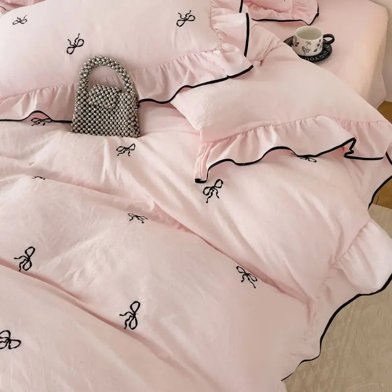 Chic Embroidery Ruffles Bedding Set with Pillows 3pcs Clean Vanilla Store