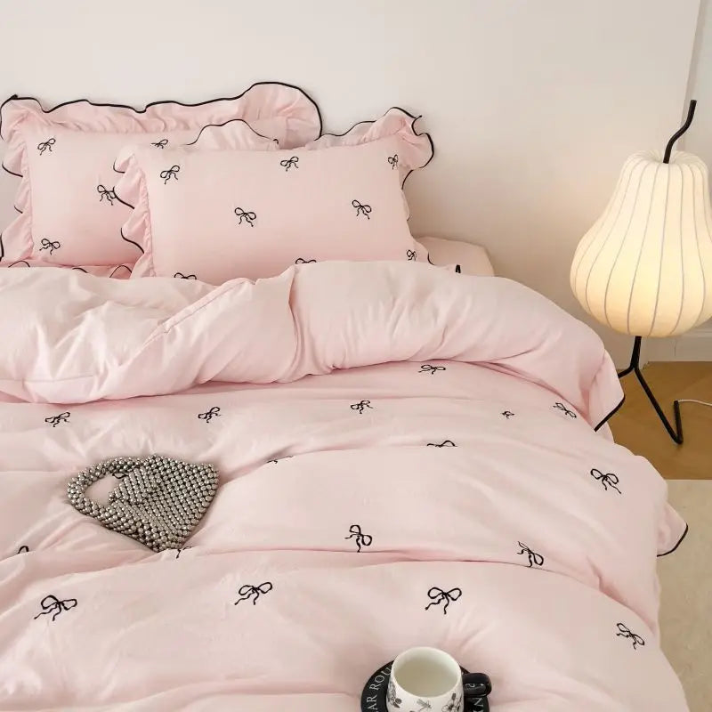 Chic Embroidery Ruffles Bedding Set with Pillows 3pcs Clean Vanilla Store