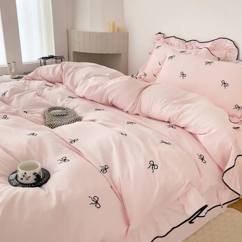 Chic Embroidery Ruffles Bedding Set with Pillows 3pcs Clean Vanilla Store