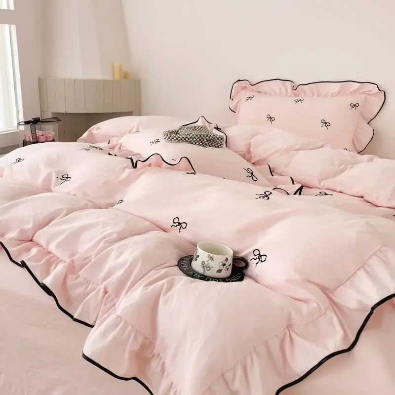 Chic Embroidery Ruffles Bedding Set with Pillows 3pcs Clean Vanilla Store