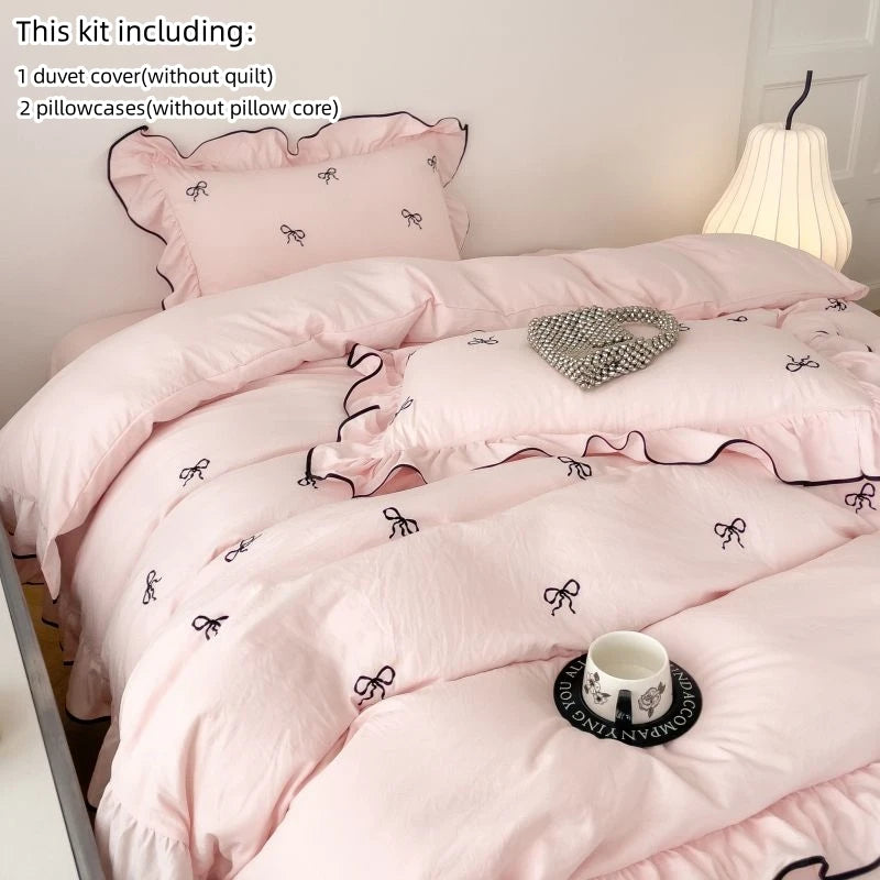 Chic Embroidery Ruffles Bedding Set with Pillows 3pcs Clean Vanilla Store
