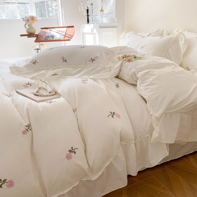 Rose Embroidered Duvet Cover Set With Ruffle Accents - 3-Piece Clean Vanilla Store