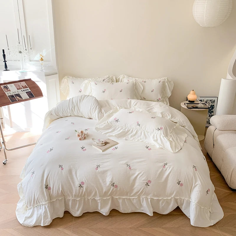 Rose Embroidered Duvet Cover Set With Ruffle Accents - 3-Piece Clean Vanilla Store