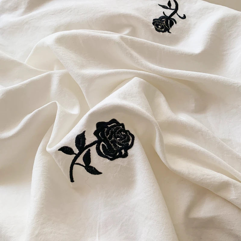 Rose Embroidered Duvet Cover Set With Ruffle Accents - 3-Piece Clean Vanilla Store