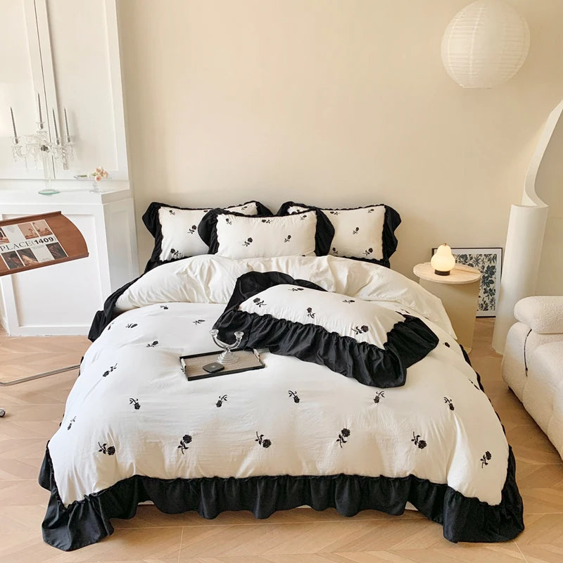 Rose Embroidered Duvet Cover Set With Ruffle Accents - 3-Piece Clean Vanilla Store