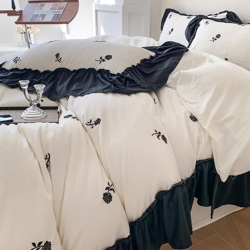 Rose Embroidered Duvet Cover Set With Ruffle Accents - 3-Piece Clean Vanilla Store