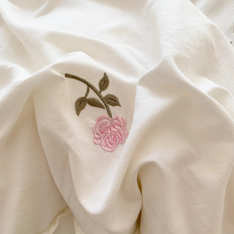 Rose Embroidered Duvet Cover Set With Ruffle Accents - 3-Piece Clean Vanilla Store