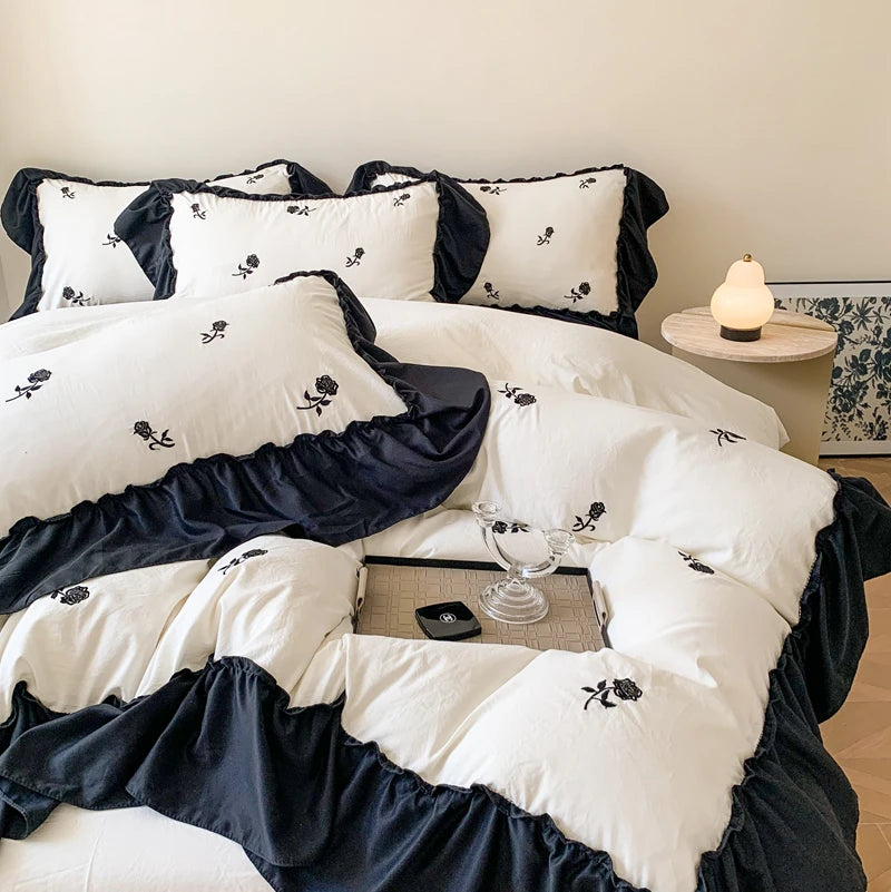 Rose Embroidered Duvet Cover Set With Ruffle Accents - 3-Piece Clean Vanilla Store