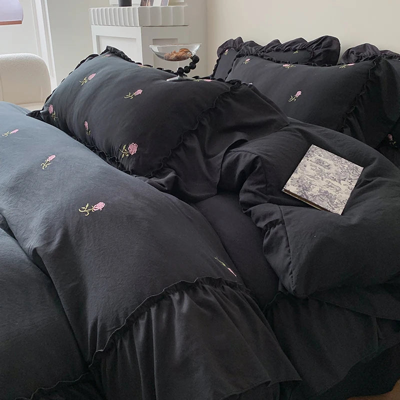 Rose Embroidered Duvet Cover Set With Ruffle Accents - 3-Piece Clean Vanilla Store