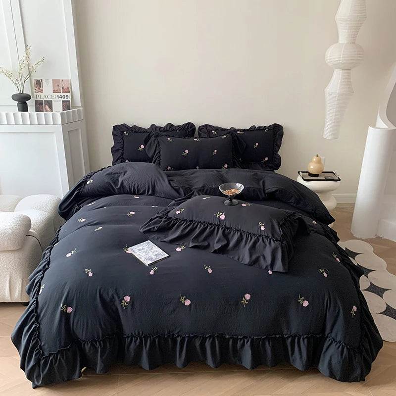 Rose Embroidered Duvet Cover Set With Ruffle Accents - 3-Piece Clean Vanilla Store