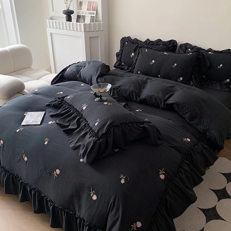Rose Embroidered Duvet Cover Set With Ruffle Accents - 3-Piece Clean Vanilla Store