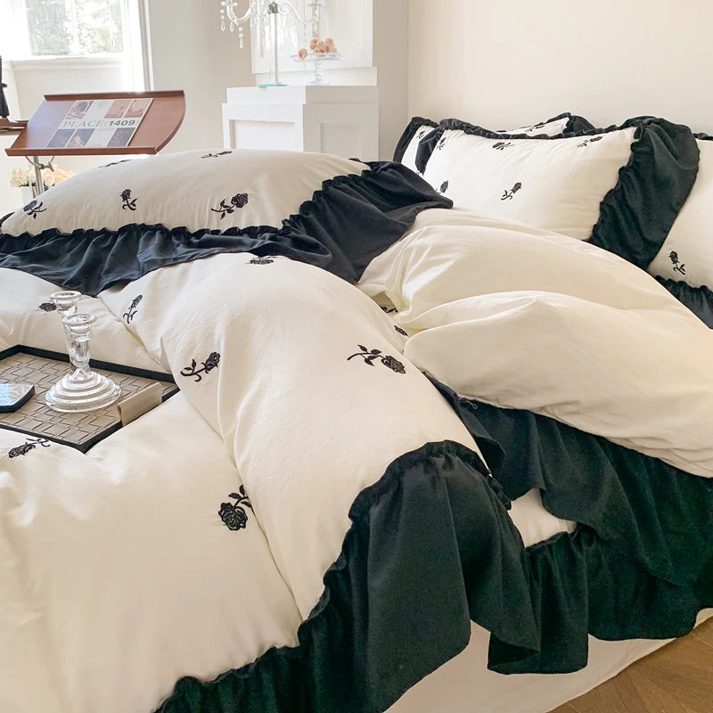 Rose Embroidered Duvet Cover Set With Ruffle Accents - 3-Piece Clean Vanilla Store