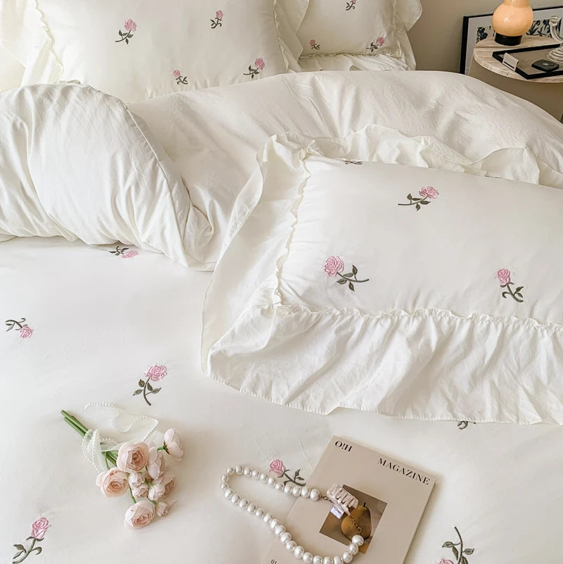 Rose Embroidered Duvet Cover Set With Ruffle Accents - 3-Piece Clean Vanilla Store