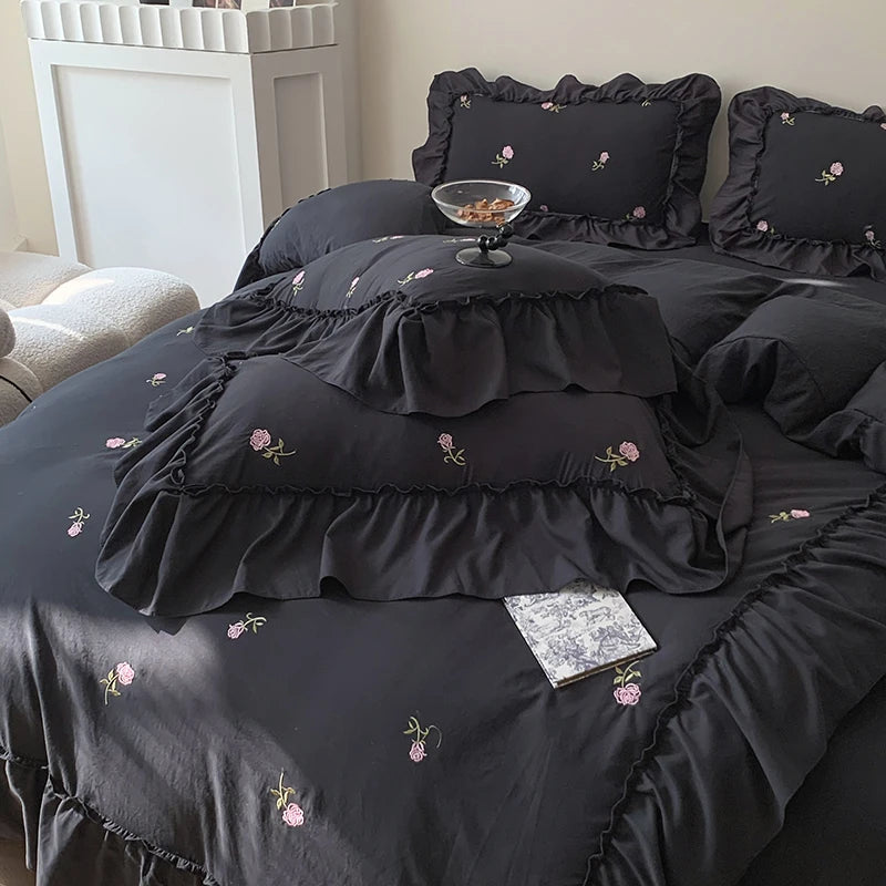 Rose Embroidered Duvet Cover Set With Ruffle Accents - 3-Piece Clean Vanilla Store