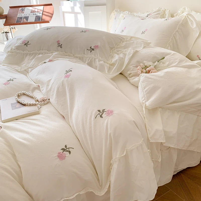 Rose Embroidered Duvet Cover Set With Ruffle Accents - 3-Piece Clean Vanilla Store