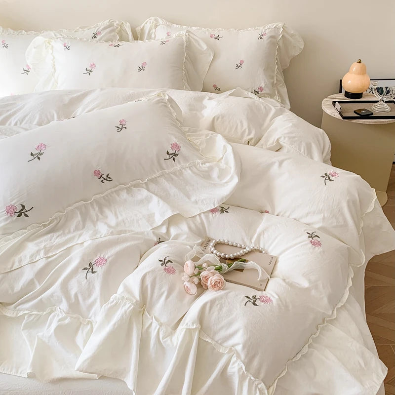 Rose Embroidered Duvet Cover Set With Ruffle Accents - 3-Piece Clean Vanilla Store