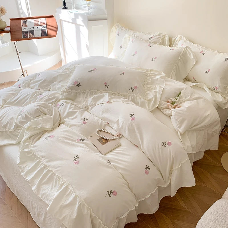 Rose Embroidered Duvet Cover Set With Ruffle Accents - 3-Piece Clean Vanilla Store