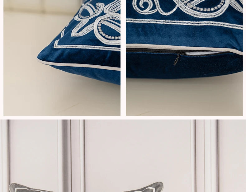 Luxury Embroidered Velvet Cushion Cover Navy Blue Brown Gray  Clean Vanilla Store