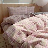 Pink Striped Plaid Duvet Cover Set with 2 Pillowcases