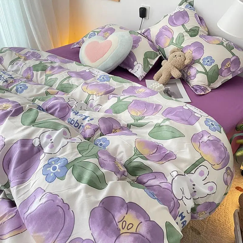 Korean Style Blue Letter Bedding Set for All Sizes 4 pcs