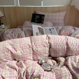 Pink Striped Plaid Duvet Cover Set with 2 Pillowcases