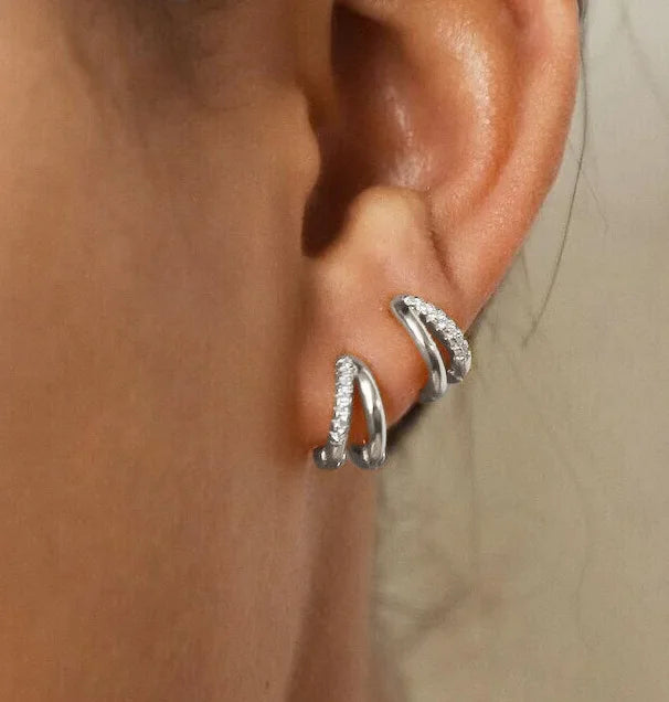 Europe Double Layered Zircon Hoop Earrings Gold Silver Color