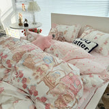 Korean Pink Bedding Set With Kawaii Bear Floral - 3pcs