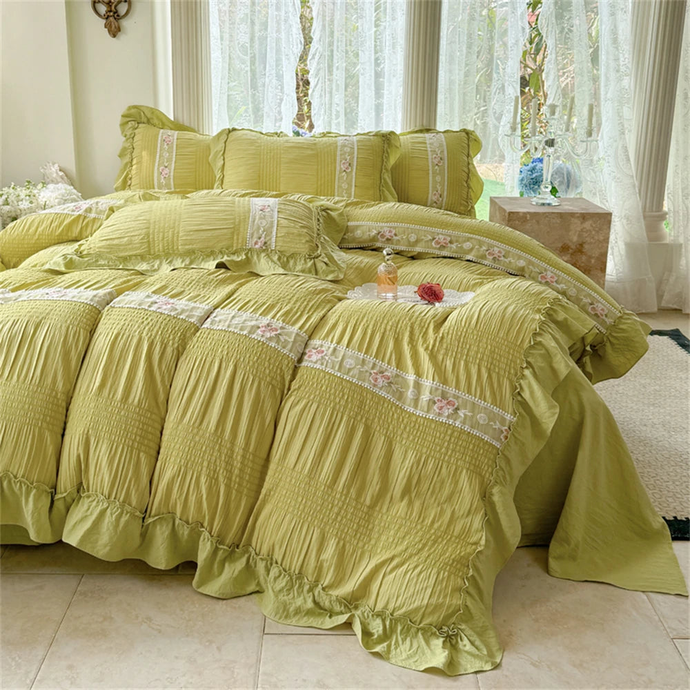Korean Style Bed Set with Flower Embroidery, 4 pcs