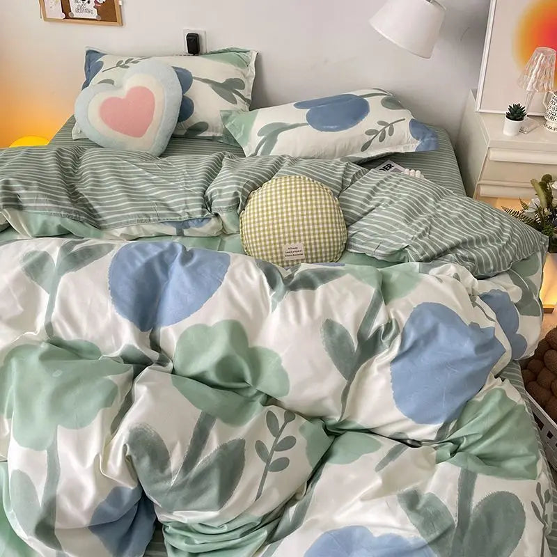 Korean Style Blue Letter Bedding Set for All Sizes 4 pcs