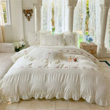Korean Style Bed Set with Flower Embroidery, 4 pcs