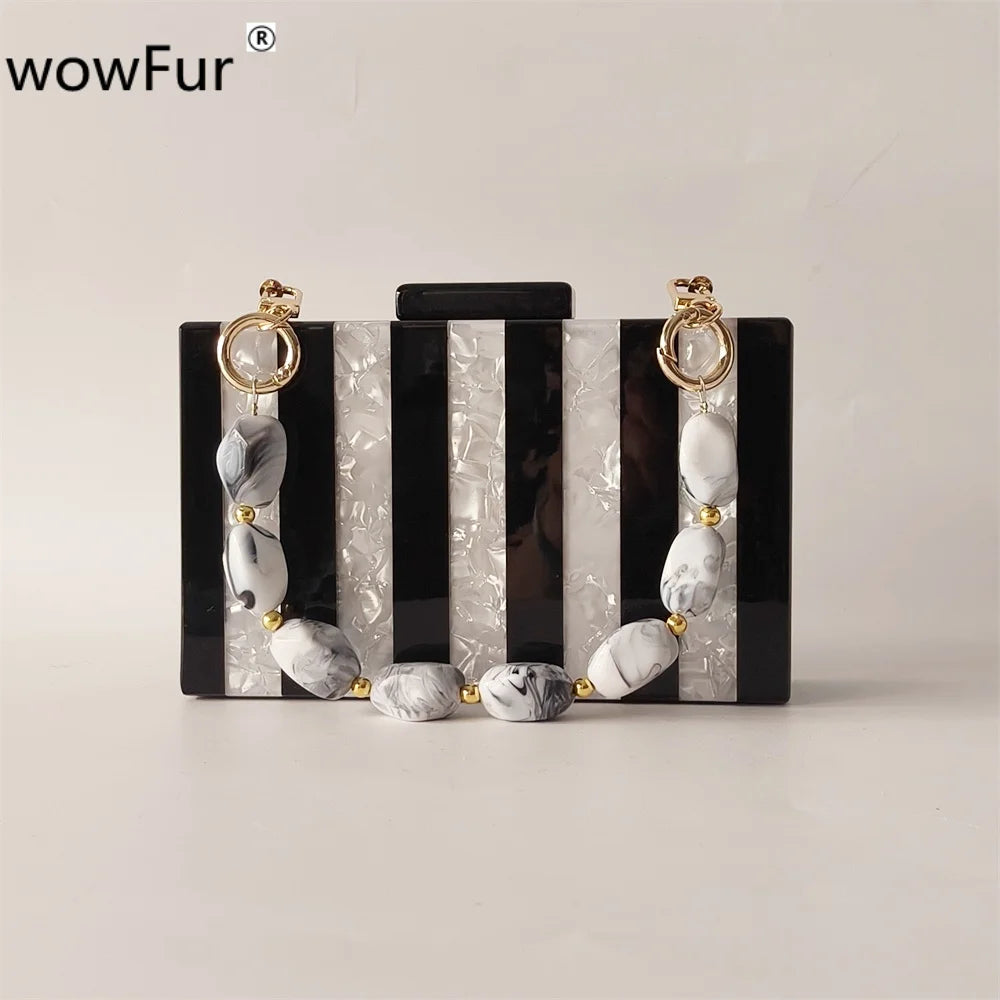 White Marble Black Striped Acrylic Box Clutch Handbag