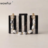 White Marble Black Striped Acrylic Box Clutch Handbag
