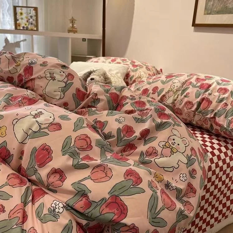 INS Gentle Pink Rose Bedding Set for Girls Women Kawaii 4 pcs