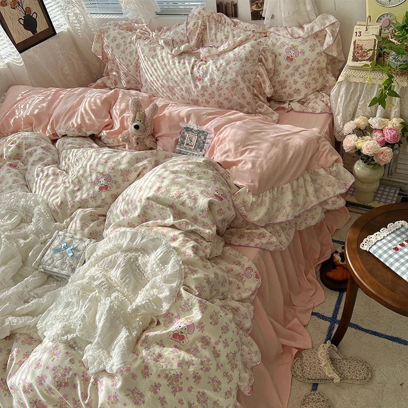 Korean Princess Floral Ruffles Bedding Set, 4 Pcs