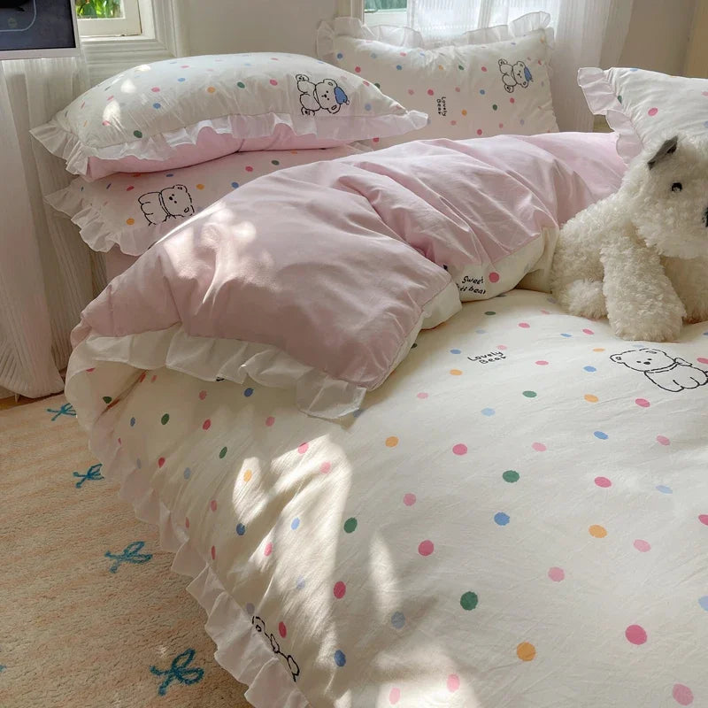 Blue Floral Ruffle Duvet Cover Set Queen 4Pcs