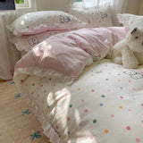 Blue Floral Ruffle Duvet Cover Set Queen 4Pcs