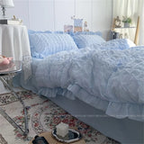 Kawaii INS Girl Blue Bedding Set with Ruffles 4 pcs